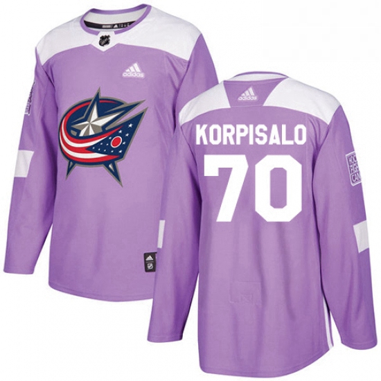 Mens Adidas Columbus Blue Jackets 70 Joonas Korpisalo Authentic Purple Fights Cancer Practice NHL Je