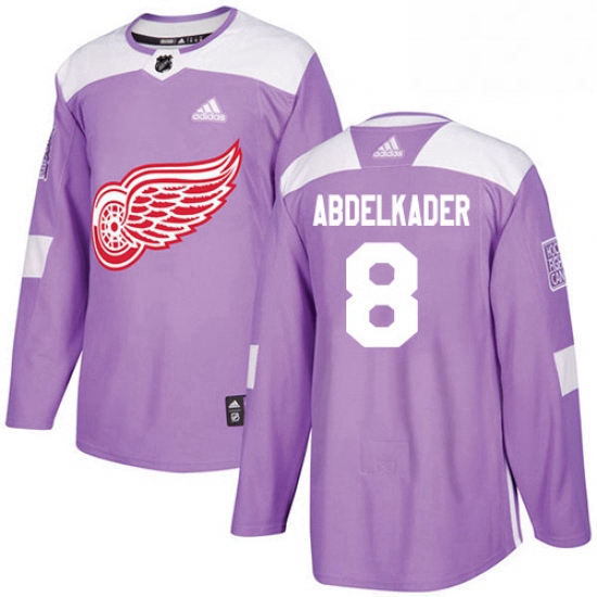 Mens Adidas Detroit Red Wings 8 Justin Abdelkader Authentic Purple Fights Cancer Practice NHL Jersey