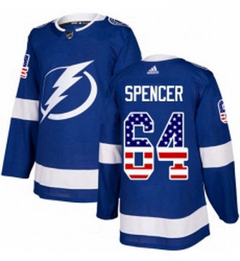 Mens Adidas Tampa Bay Lightning 64 Matthew Spencer Authentic Blue USA Flag Fashion NHL Jersey