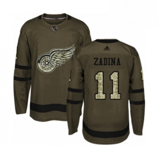 Mens Adidas Detroit Red Wings 11 Filip Zadina Authentic Green Salute to Service NHL Jersey