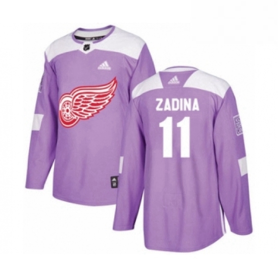 Mens Adidas Detroit Red Wings 11 Filip Zadina Authentic Purple Fights Cancer Practice NHL Jersey