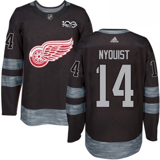 Mens Adidas Detroit Red Wings 14 Gustav Nyquist Authentic Black 1917 2017 100th Anniversary NHL Jers