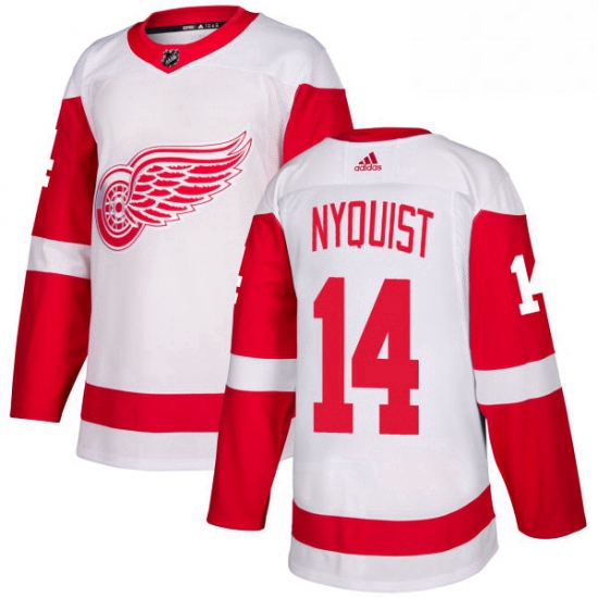 Mens Adidas Detroit Red Wings 14 Gustav Nyquist Authentic White Away NHL Jersey