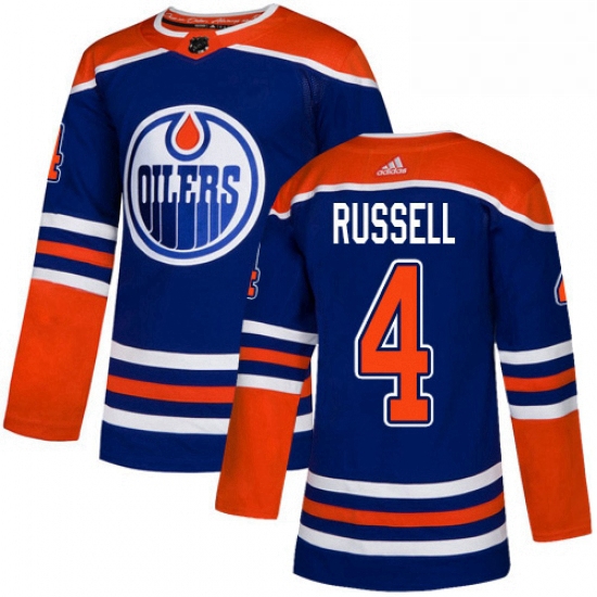 Mens Adidas Edmonton Oilers 4 Kris Russell Premier Royal Blue Alternate NHL Jersey