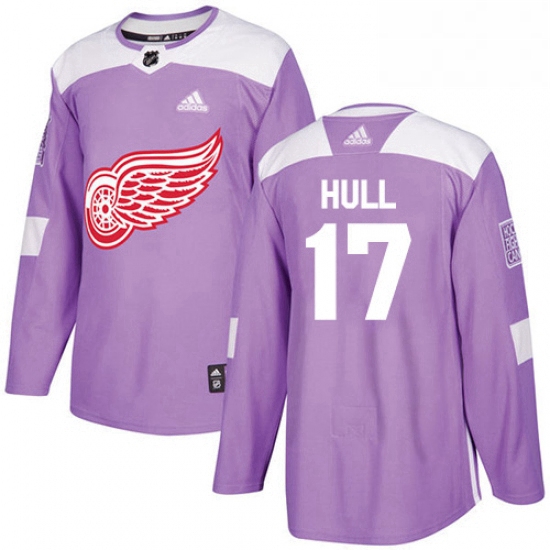 Mens Adidas Detroit Red Wings 17 Brett Hull Authentic Purple Fights Cancer Practice NHL Jersey