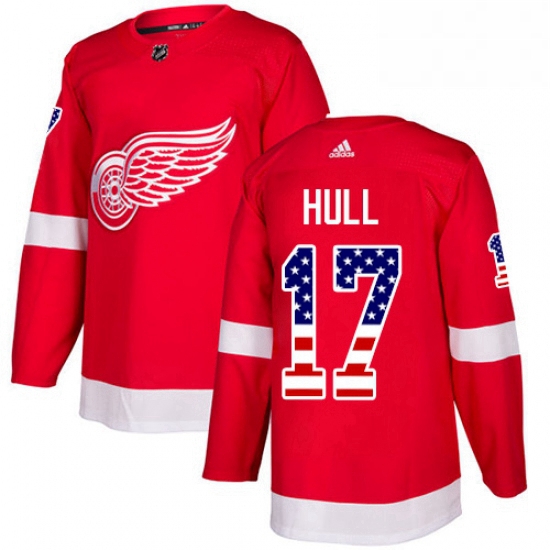 Mens Adidas Detroit Red Wings 17 Brett Hull Authentic Red USA Flag Fashion NHL Jersey