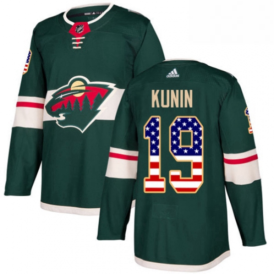 Mens Adidas Minnesota Wild 19 Luke Kunin Authentic Green USA Flag Fashion NHL Jersey