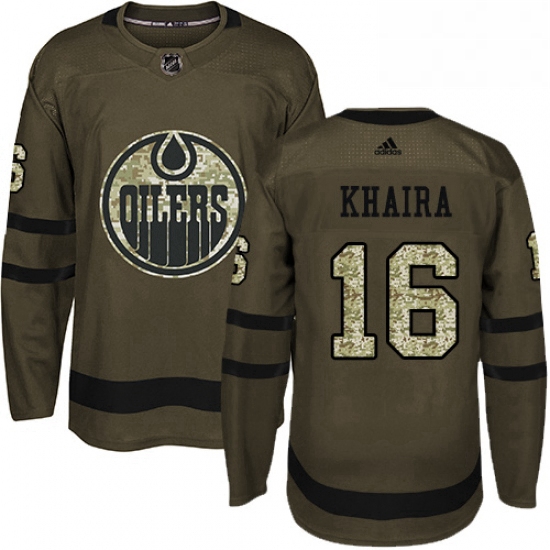 Mens Adidas Edmonton Oilers 16 Jujhar Khaira Authentic Green Salute to Service NHL Jersey