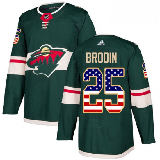 Mens Adidas Minnesota Wild 25 Jonas Brodin Authentic Green USA Flag Fashion NHL Jersey