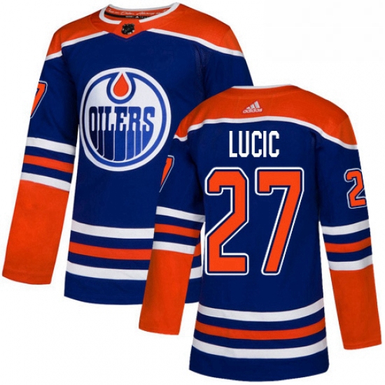 Mens Adidas Edmonton Oilers 27 Milan Lucic Premier Royal Blue Alternate NHL Jersey