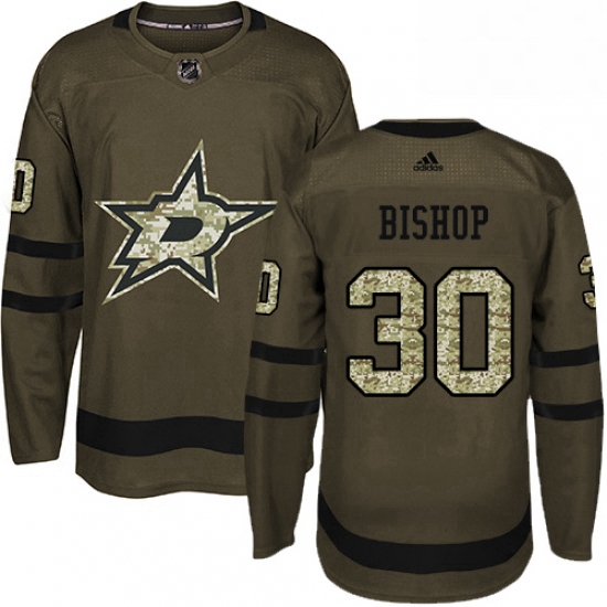 Mens Adidas Dallas Stars 30 Ben Bishop Authentic Green Salute to Service NHL Jersey