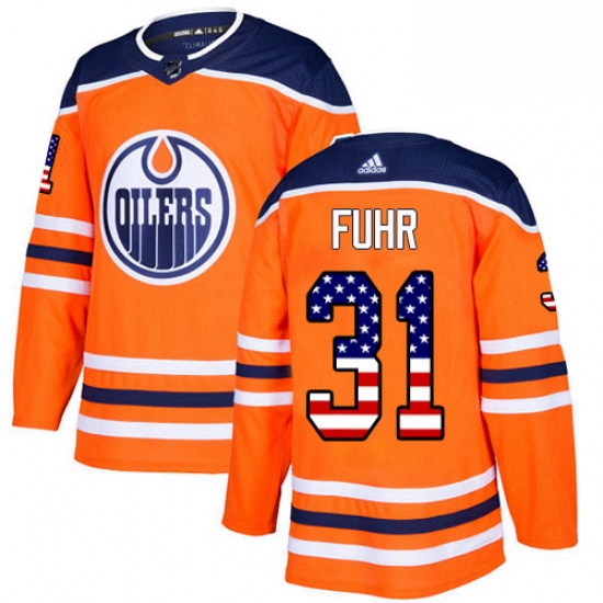 Mens Adidas Edmonton Oilers 31 Grant Fuhr Authentic Orange USA Flag Fashion NHL Jersey