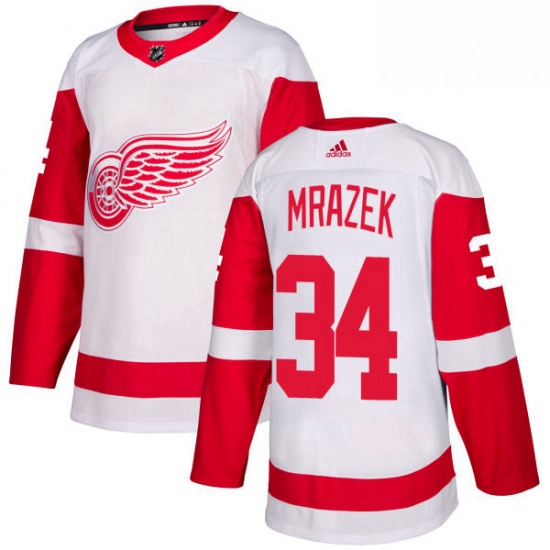 Mens Adidas Detroit Red Wings 34 Petr Mrazek Authentic White Away NHL Jersey