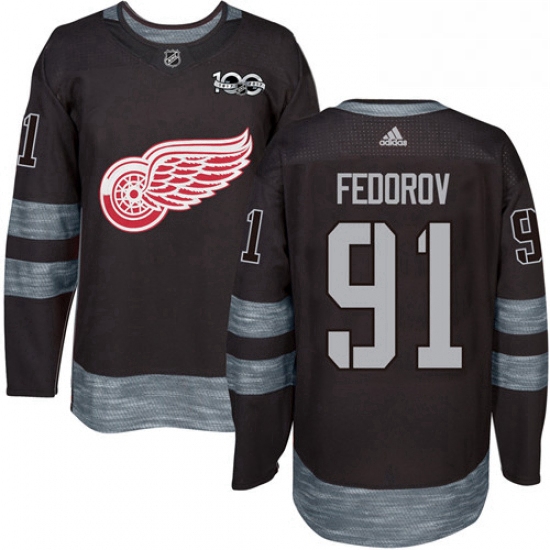 Mens Adidas Detroit Red Wings 91 Sergei Fedorov Authentic Black 1917 2017 100th Anniversary NHL Jers