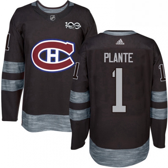 Mens Adidas Montreal Canadiens 1 Jacques Plante Authentic Black 1917 2017 100th Anniversary NHL Jers