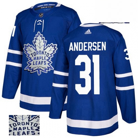 Mens Adidas Toronto Maple Leafs 31 Frederik Andersen Authentic Royal Blue Fashion Gold NHL Jersey