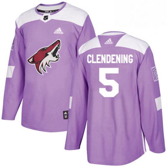 Mens Adidas Arizona Coyotes 5 Adam Clendening Authentic Purple Fights Cancer Practice NHL Jersey