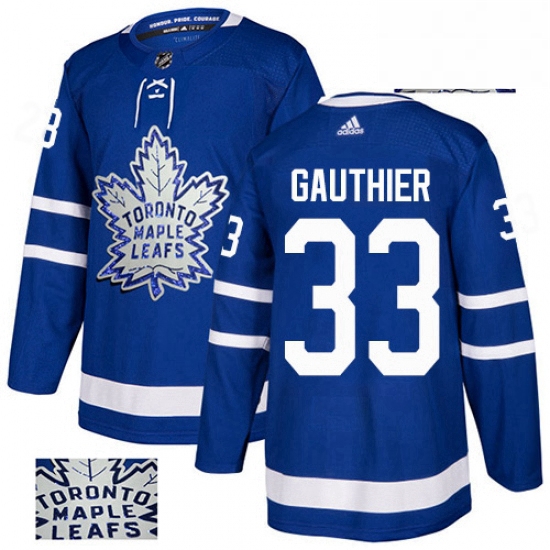 Mens Adidas Toronto Maple Leafs 33 Frederik Gauthier Authentic Royal Blue Fashion Gold NHL Jersey