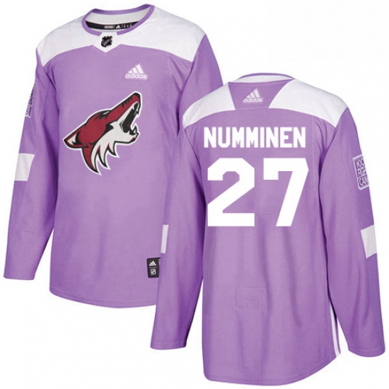 Mens Adidas Arizona Coyotes 27 Teppo Numminen Authentic Purple Fights Cancer Practice NHL Jersey