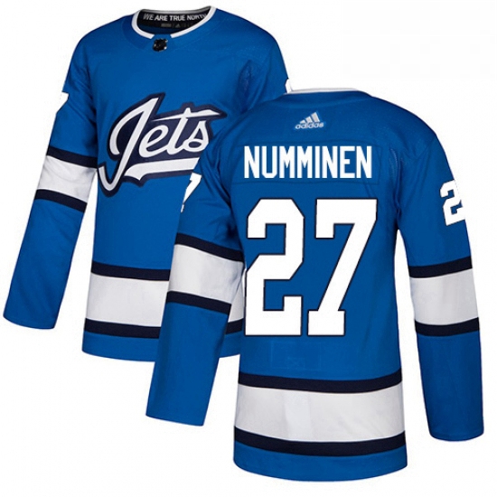 Mens Adidas Winnipeg Jets 27 Teppo Numminen Authentic Blue Alternate NHL Jersey