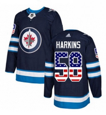 Mens Adidas Winnipeg Jets 58 Jansen Harkins Authentic Navy Blue USA Flag Fashion NHL Jersey