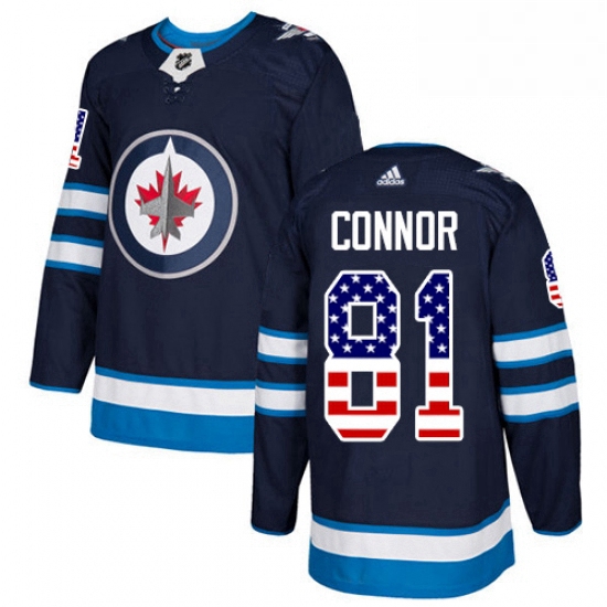 Mens Adidas Winnipeg Jets 81 Kyle Connor Authentic Navy Blue USA Flag Fashion NHL Jersey