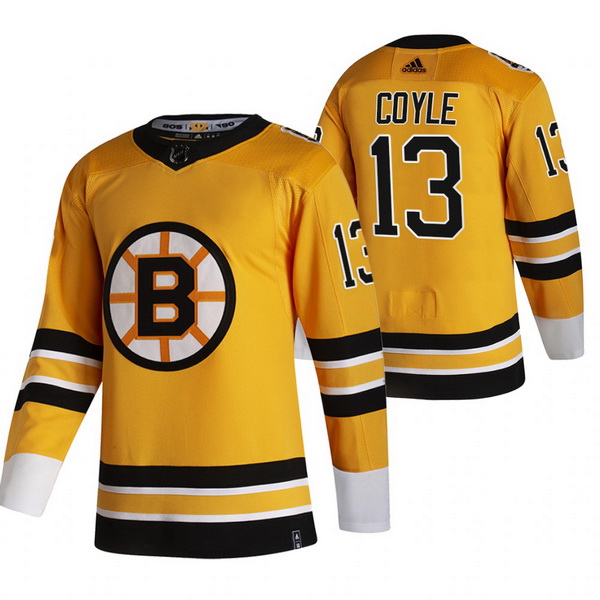 Men Boston Bruins 13 Charlie Coyle Yellow Adidas 2020 21 Reverse