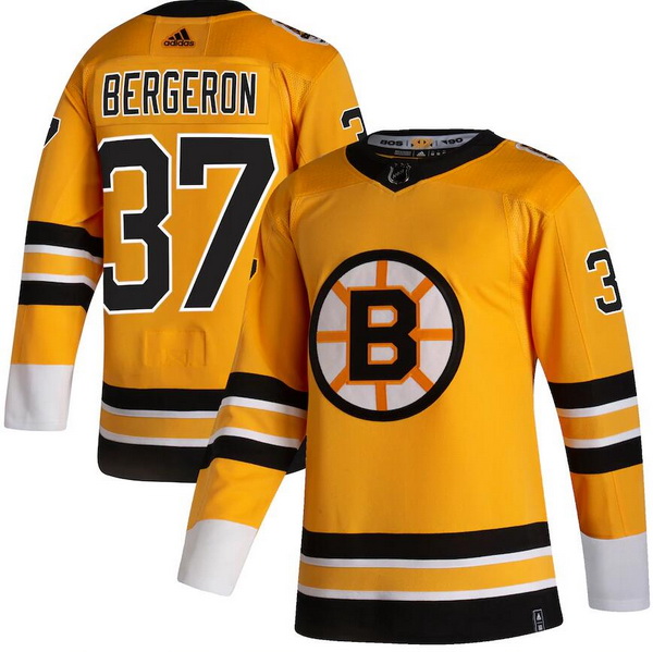 Men Boston Bruins 37 Patrice Bergeron Yellow 2020 21 Reverse Retro Adidas Jersey