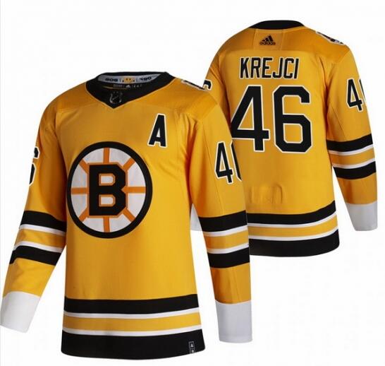 Men Boston Bruins 46 David Krejci Yellow Adidas 2020 21 Reverse Retro Alternate NHL Jersey