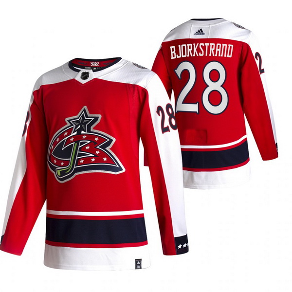 Men Columbus Blue Jackets 28 Oliver Bjorkstrand Red Adidas 2020 21 Reverse Retro Alternate NHL Jerse