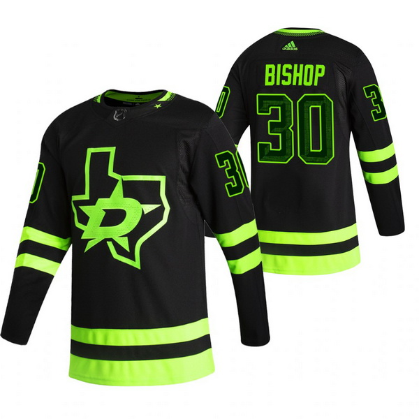 Men Dallas Stars 30 Ben Bishop Black Adidas 2020 21 Reverse Retro Alternate NHL Jersey