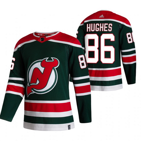 Men New Jersey Devils 86 Jack Hughes Green Adidas 2020 21 Revers