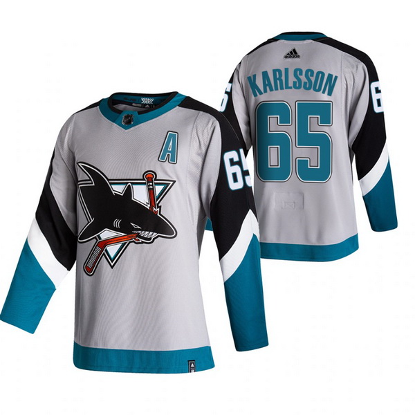 Men San Jose Sharks 65 Erik Karlsson Grey Adidas 2020 21 Reverse