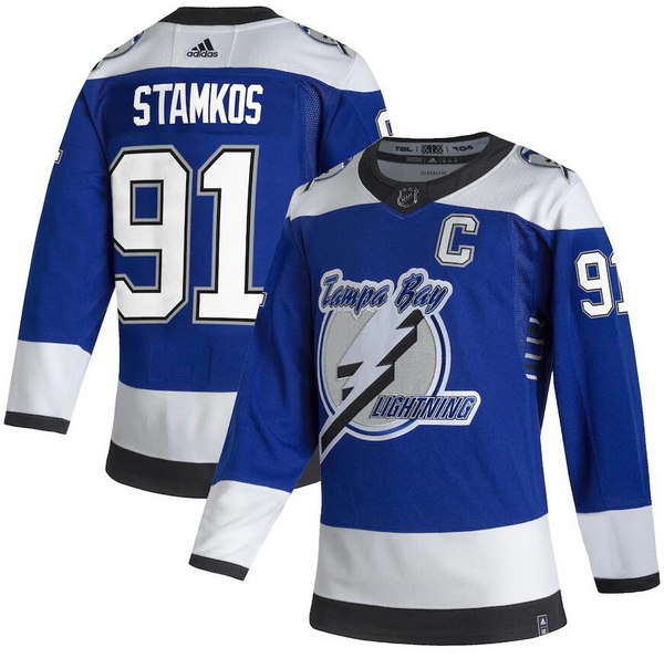 Men Tampa Bay Lightning 91 Steven Stamkos Blue 2020 21 Reverse Retro Adidas Jersey