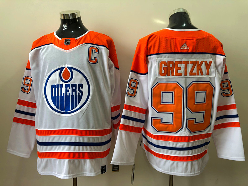 Men Edmonton Oilers Wayne Gretzky 99 White Orange 2020 21 Reverse Retro Adidas Jersey