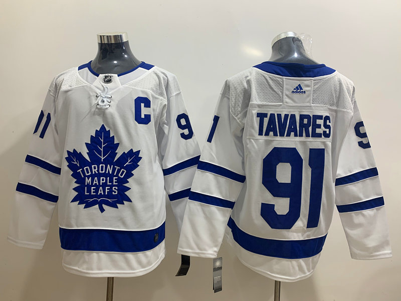 Men Toronto Maple Leafs 91 John Tavares with C Patch White Road Stitched Adidas NHL Jersey