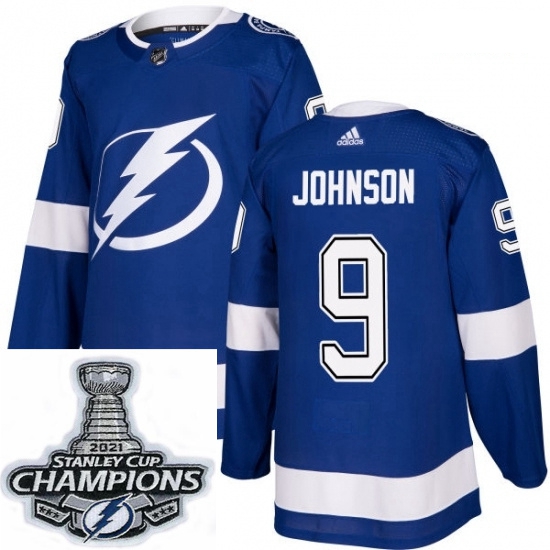 Men Adidas Tampa Bay Lightning 9 Tyler Johnson Premier Royal Blue Home NHL Stitched 2021 Stanley Cup