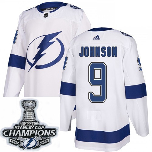 Men Adidas Tampa Bay Lightning 9 Tyler Johnson Premier White Home NHL Stitched 2021 Stanley Cup Cham