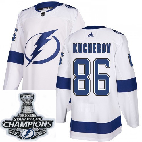 Men Adidas Tampa Bay Lightning 86 Nikita Kucherov Authentic White Home NHL Stitched 2021 Stanley Cup
