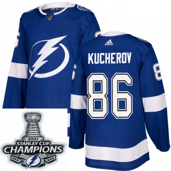 Men Adidas Tampa Bay Lightning 86 Nikita Kucherov Premier Royal Blue Home NHL Stitched 2021 Stanley 