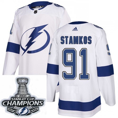 Men Adidas Tampa Bay Lightning 91 Steven Stamkos Authentic White Home NHL Stitched 2021 Stanley Cup 