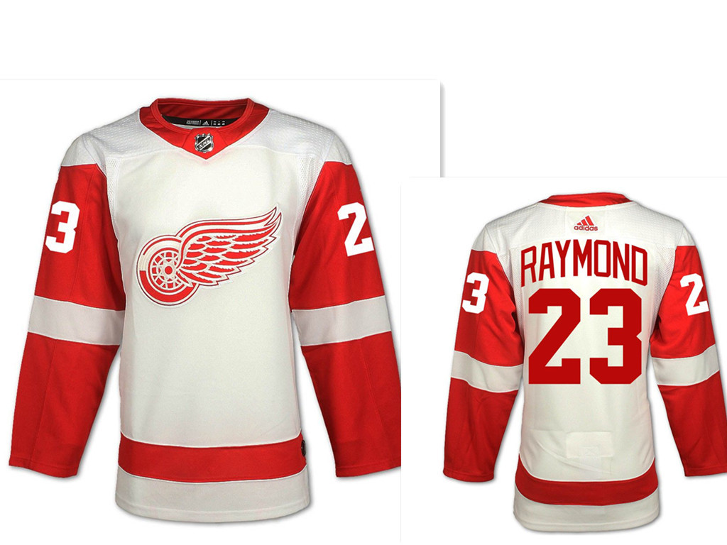 Men Adidas Detroit Red Wings 23 Lucas Raymond White Road Authentic NHL Jersey