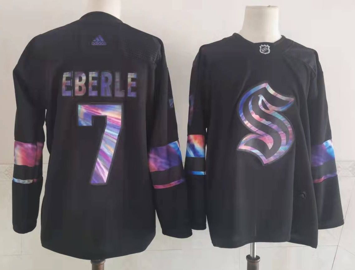 Men Seattle Kraken 7 Jordan Eberle Black Iridescent Holographic Authentic Jersey