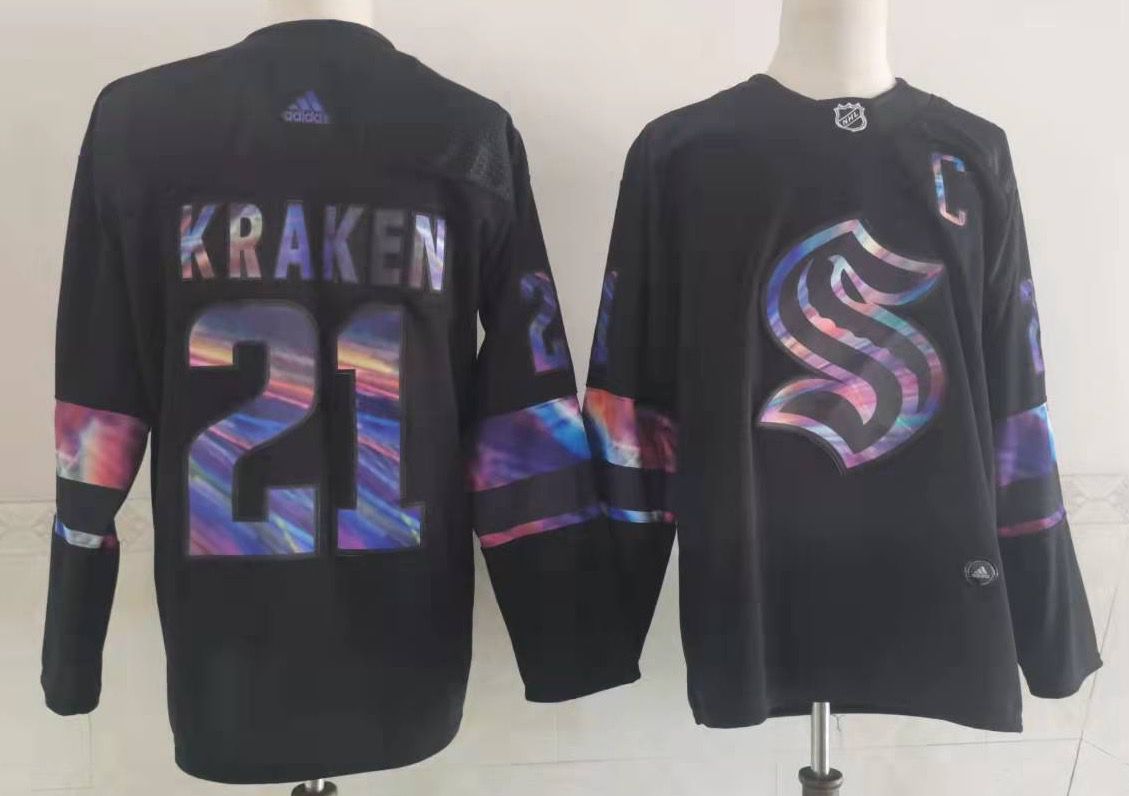 Men Seattle Kraken 21 Kraken Black Iridescent Holographic Authentic Jersey