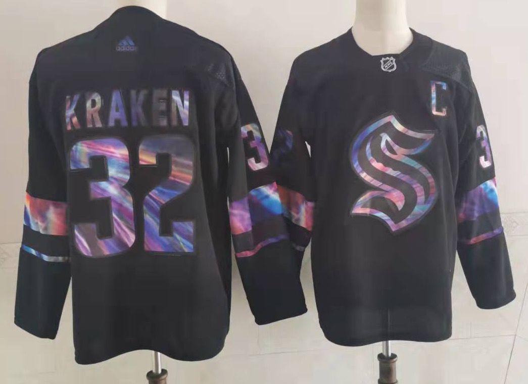 Men Seattle Kraken 32 Kraken Black Iridescent Holographic Authentic Jersey