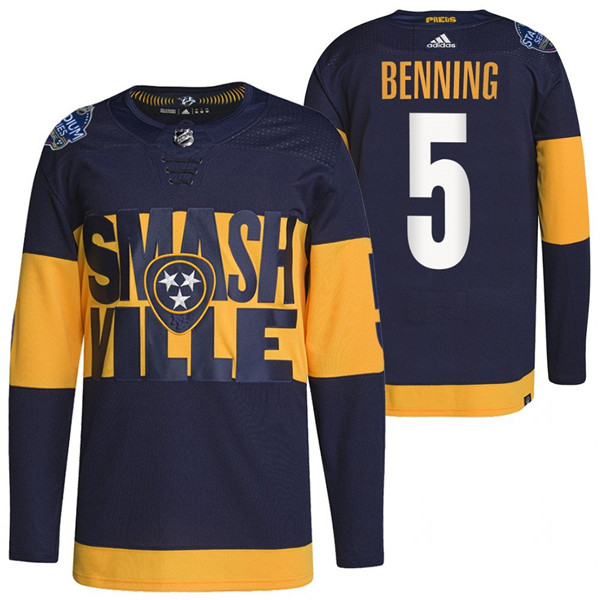 Men Nashville Predators 5 Matt Benning 2022 Navy Stadium Series 