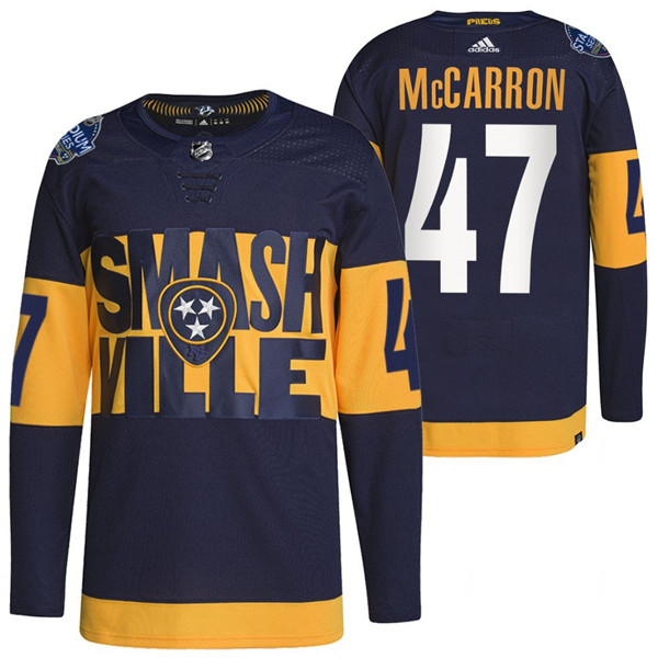 Men Nashville Predators 47 Michael Mccarron 2022 Navy Stadium Series Breakaway Player Stitched Jerse