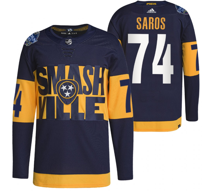 Men Nashville Predators 74 Juuse Saros 2022 Navy Stadium Series Breakaway Player Stitched Jersey