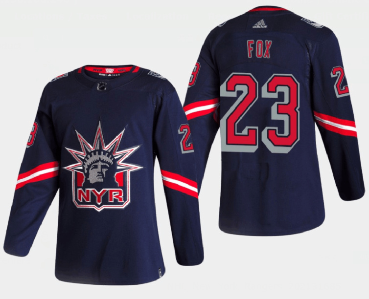 Men New York Rangers 23 Adam Fox 2021 Navy Reverse Retro Stitched Jersey