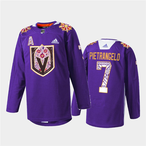 Men Vegas Golden Knights 7 Alex Pietrangelo Purple Hispanic Heritage Warmup Stitched Jersey